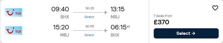Click here to book this cheap flight deal. Non-stop flights from UK cities to Montego Bay, Jamaica from only £370 roundtrip. Flight deal ticket image.