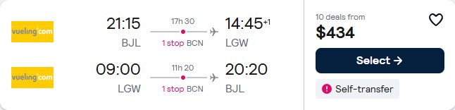 Click here to book this cheap flight deal. Christmas flights from Banjul, Gambia to London, UK for only $434 USD roundtrip. Flight deal ticket image.