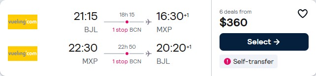 Click here to book this cheap flight deal. Cheap flights from Banjul, Gambia to Milan, Italy for only $360 USD roundtrip. Flight deal ticket image.