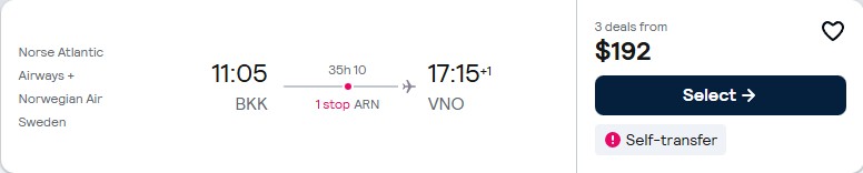 Click here to book this cheap flight deal. Cheap flights from Bangkok, Thailand to Vilnius, Lithuania for only $192 USD one-way. Flight deal ticket image.