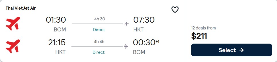 Non-stop flights from Mumbai, India to Phuket, Thailand for only $211 USD roundtrip. Flight deal ticket image.