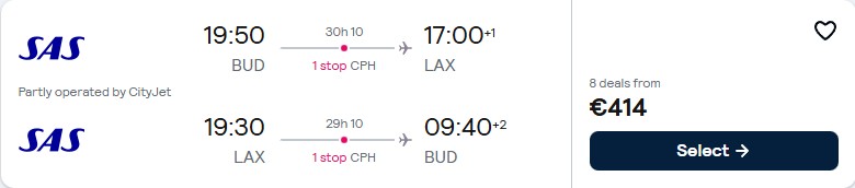 Click here to book this cheap flight deal. Cheap flights from Budapest, Hungary to Los Angeles, USA for only €414 roundtrip with Scandinavian Airlines. Flight deal ticket image.