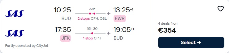 Click here to book this cheap flight deal. Cheap flights from Budapest, Hungary or Prague, Czech Republic to New York, USA from only €354 roundtrip with Scandinavian Airlines. Flight deal ticket image.