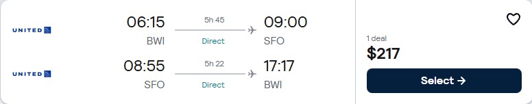 Click here to book this cheap flight deal. Non-stop flights from Baltimore to San Francisco for only $217 roundtrip with United Airlines. Also works in reverse. Flight deal ticket image.