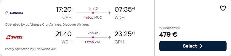 Click here to book this cheap flight deal. Cheap flights from Copenhagen, Denmark to Windhoek, Namibia for only €479 roundtrip with Swiss International Air Lines. Flight deal ticket image.