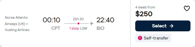 Click here to book this cheap flight deal. Cheap flights from Cape Town, South Africa to Bilbao, Spain for only $250 USD one-way. Flight deal ticket image.