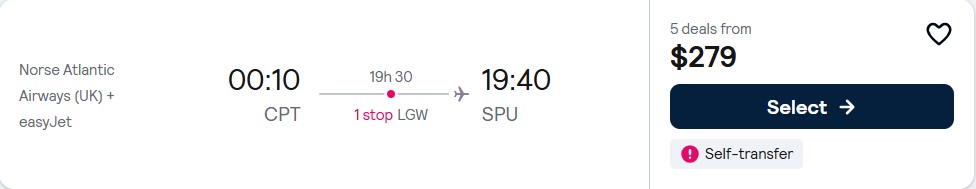 Click here to book this cheap flight deal. Cheap flights from Cape Town, South Africa to Split, Croatia for only $279 USD one-way. Flight deal ticket image.