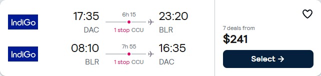 Click here to book this cheap flight deal. Cheap flights from Dhaka, Bangladesh to Bangalore, India for only $241 USD roundtrip. Flight deal ticket image.