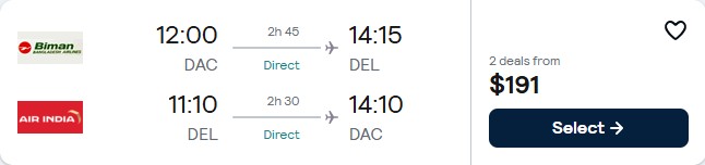 Click here to book this cheap flight deal. Non-stop flights from Dhaka, Bangladesh to Delhi, India for only $191 USD roundtrip. Flight deal ticket image.