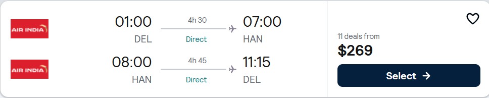 Click here to book this cheap flight deal. Non-stop flights from Delhi, India to Hanoi, Vietnam for only $269 USD roundtrip. Flight deal ticket image.