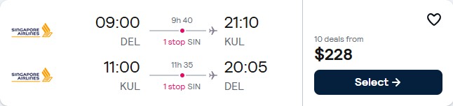 Click here to book this cheap flight deal. Christmas flights from Delhi, India to Kuala Lumpur, Malaysia for only $228 USD roundtrip with Singapore Airlines. Flight deal ticket image.