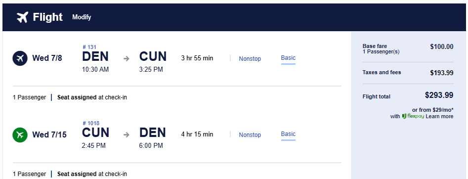 Non-stop flights from Denver, USA to Cancun, Mexico for only $293 roundtrip. Flight deal ticket image.