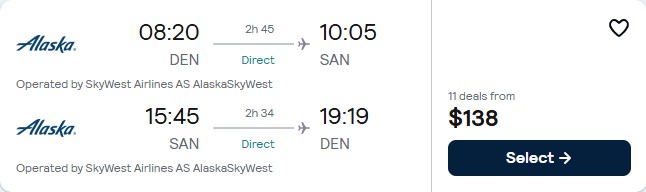 Non-stop flights from Denver, Colorado to San Diego for only $138 roundtrip with Alaska Airlines. Also works in reverse. Flight deal ticket image.