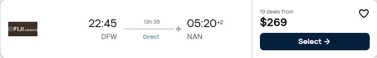 Non-stop, summer flights from Dallas, Texas to Fiji for only $266 one-way with Fiji Airways. Flight deal ticket image.