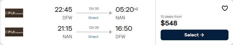 Click here to book this cheap flight deal. Non-stop, summer flights from Dallas, Texas to Fiji for only $548 roundtrip with Fiji Airways. Flight deal ticket image.