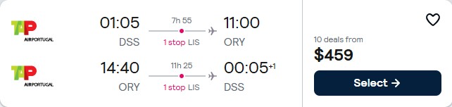 Click here to book this cheap flight deal. Cheap flights from Dakar, Senegal to Paris, France for only $459 USD roundtrip with TAP Air Portugal. Flight deal ticket image.