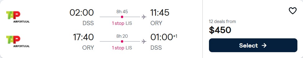 Click here to book this cheap flight deal. Cheap flights from Dakar, Senegal to Paris, France for only $450 USD roundtrip with TAP Air Portugal. Flight deal ticket image.