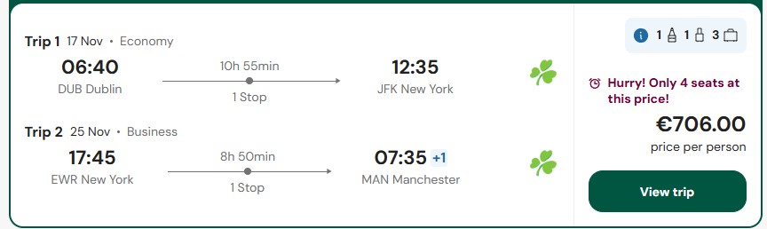 Click here to book this cheap flight deal. Error Fare open-jaw Business Class flights from Europe to the US and Canada from only €673 roundtrip. Flight deal ticket image.