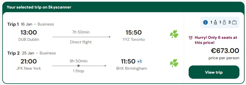 Error Fare open-jaw Business Class flights from Europe to the US and Canada from only €673 roundtrip. Flight deal ticket image.