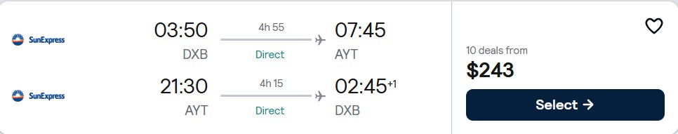 Non-stop flights from Dubai, UAE to Antalya, Turkey for only $243 USD roundtrip. Flight deal ticket image.