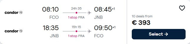 Click here to book this cheap flight deal. Last minute flights from European cities to Johannesburg, South Africa from only €393 roundtrip. Flight deal ticket image.