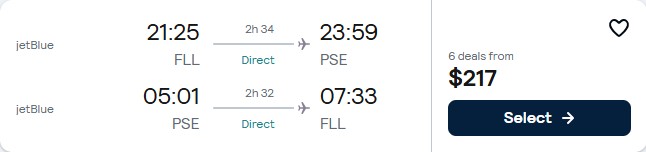 Click here to book this cheap flight deal. Non-stop, summer flights from Fort Lauderdale to Ponce, Puerto Rico for only $217 roundtrip with JetBlue. Flight deal ticket image.