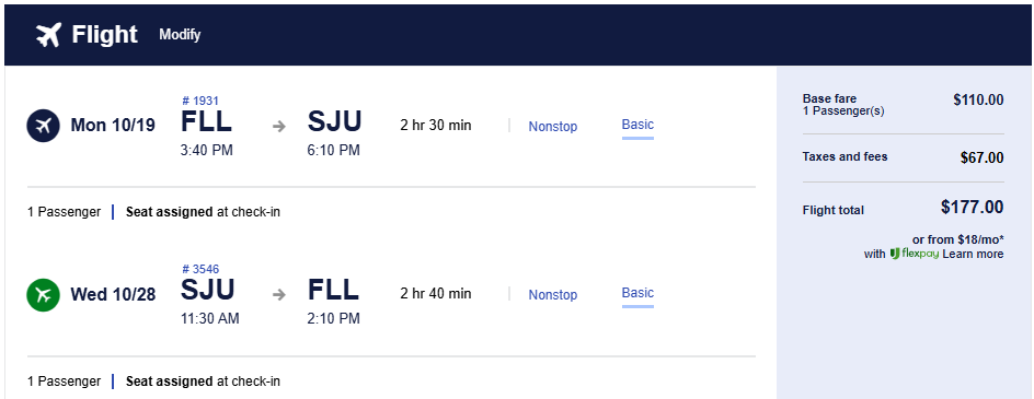 Click here to book this cheap flight deal. Non-stop flights from Fort Lauderdale, USA to San Juan, Puerto Rico for only $177 roundtrip. Flight deal ticket image.