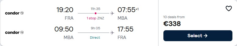 Click here to book this cheap flight deal. Last minute flights from Frankfurt, Germany to Mombasa, Kenya for only €338 roundtrip. Flight deal ticket image.