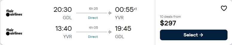 Click here to book this cheap flight deal. Non-stop flights from Guadalajara, Mexico to Vancouver, Canada for only $297 USD roundtrip. Flight deal ticket image.