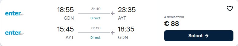 Non-stop, last minute flights from Gdansk, Poland to Antalya, Turkey for only €88 roundtrip. Flight deal ticket image.