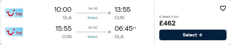 Non-stop flights from Glasgow, Scotland to Cancun, Mexico for only £462 roundtrip. Flight deal ticket image.