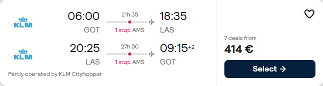 Click here to book this cheap flight deal. Cheap flights from Gothenburg, Sweden to Las Vegas, USA for only €414 roundtrip with KLM. Flight deal ticket image.