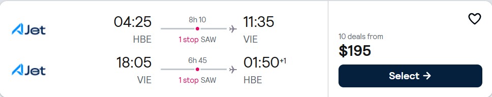 Click here to book this cheap flight deal. Summer flights from Alexandria, Egypt to Vienna, Austria for only $195 USD roundtrip. Flight deal ticket image.