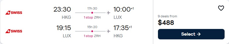 Click here to book this cheap flight deal. Cheap flights from Hong Kong to Luxembourg for only $488 USD roundtrip with Swiss International Air Lines. Flight deal ticket image.
