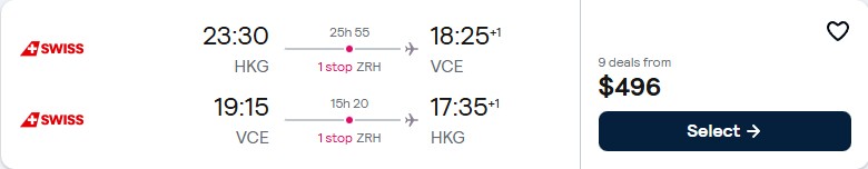 Cheap flights from Hong Kong to Venice, Italy for only $496 USD roundtrip with Swiss International Air Lines. Flight deal ticket image.