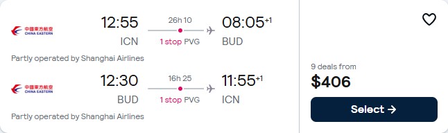 Click here to book this cheap flight deal. Summer flights from Seoul, South Korea to Budapest, Hungary for only $406 USD roundtrip. Flight deal ticket image.
