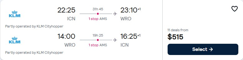 Click here to book this cheap flight deal. Cheap flights from Seoul, South Korea to Wroclaw, Poland for only $515 USD roundtrip with KLM. Flight deal ticket image.