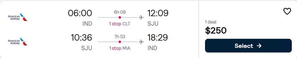 Click here to book this cheap flight deal. Cheap flights from Indianapolis to San Juan, Puerto Rico for only $250 roundtrip with American Airlines. Flight deal ticket image.