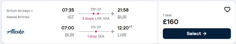 Error Fare open-jaw flights from Istanbul, Turkey to West Coast USA, returning to European cities from only £160 with British Airways and Alaska Airlines. Flight deal ticket image.