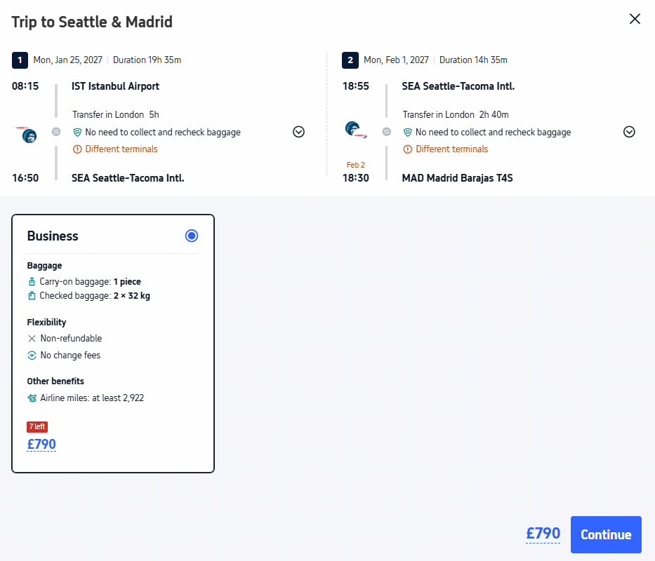 Error Fare, Business Class, open-jaw flights from European cities to West Coast USA from only £790 roundtrip with British Airways and Alaska Airlines. Flight deal ticket image.
