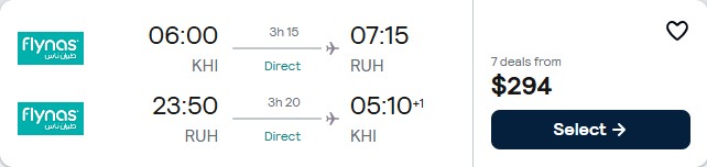Click here to book this cheap flight deal. Non-stop, summer flights from Karachi, Pakistan to Riyadh, Saudi Arabia for only $294 USD roundtrip. Flight deal ticket image.
