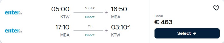 Click here to book this cheap flight deal. Non-stop, last minute flights from Katowice, Poland to Mombasa, Kenya for only €463 roundtrip. Flight deal ticket image.