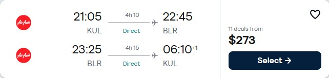 Non-stop flights from Kuala Lumpur, Malaysia to Bangalore, India for only $273 USD roundtrip. Flight deal ticket image.