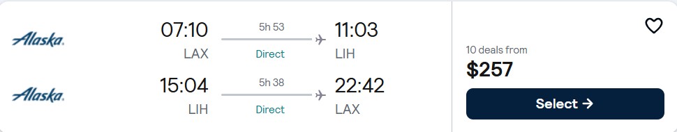 Non-stop flights from Los Angeles to Lihue, Hawaii for only $257 roundtrip with Alaska Airlines. Also works in reverse. Flight deal ticket image.