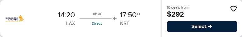 Click here to book this cheap flight deal. Non-stop flights from Los Angeles to Tokyo, Japan for only $292 one-way with Singapore Airlines. Flight deal ticket image.