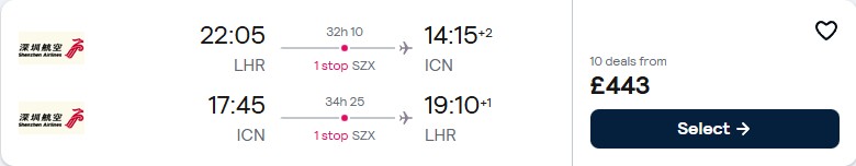 Click here to book this cheap flight deal. Cheap flights from London, UK to Seoul, South Korea for only £443 roundtrip. Flight deal ticket image.
