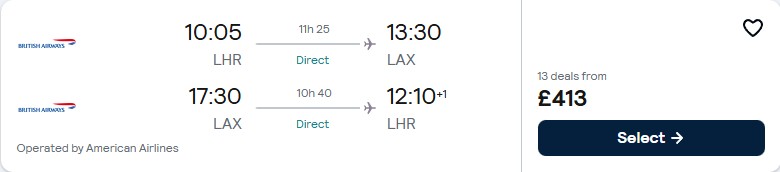 Non-stop flights from London, UK to Los Angeles, USA for only £413 roundtrip with American Airlines and British Airways. Flight deal ticket image.