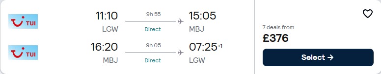 Click here to book this cheap flight deal. Non-stop, last minute flights from London, UK to Montego Bay, Jamaica for only £376 roundtrip. Flight deal ticket image.