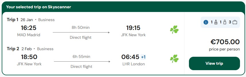 Error Fare open-jaw Business Class flights from Europe to the US and Canada from only €673 roundtrip. Flight deal ticket image.
