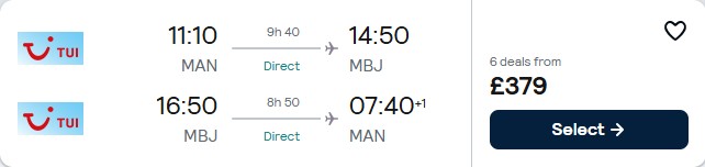 Click here to book this cheap flight deal. Non-stop flights from Manchester, UK to Montego Bay, Jamaica for only £379 roundtrip. Flight deal ticket image.